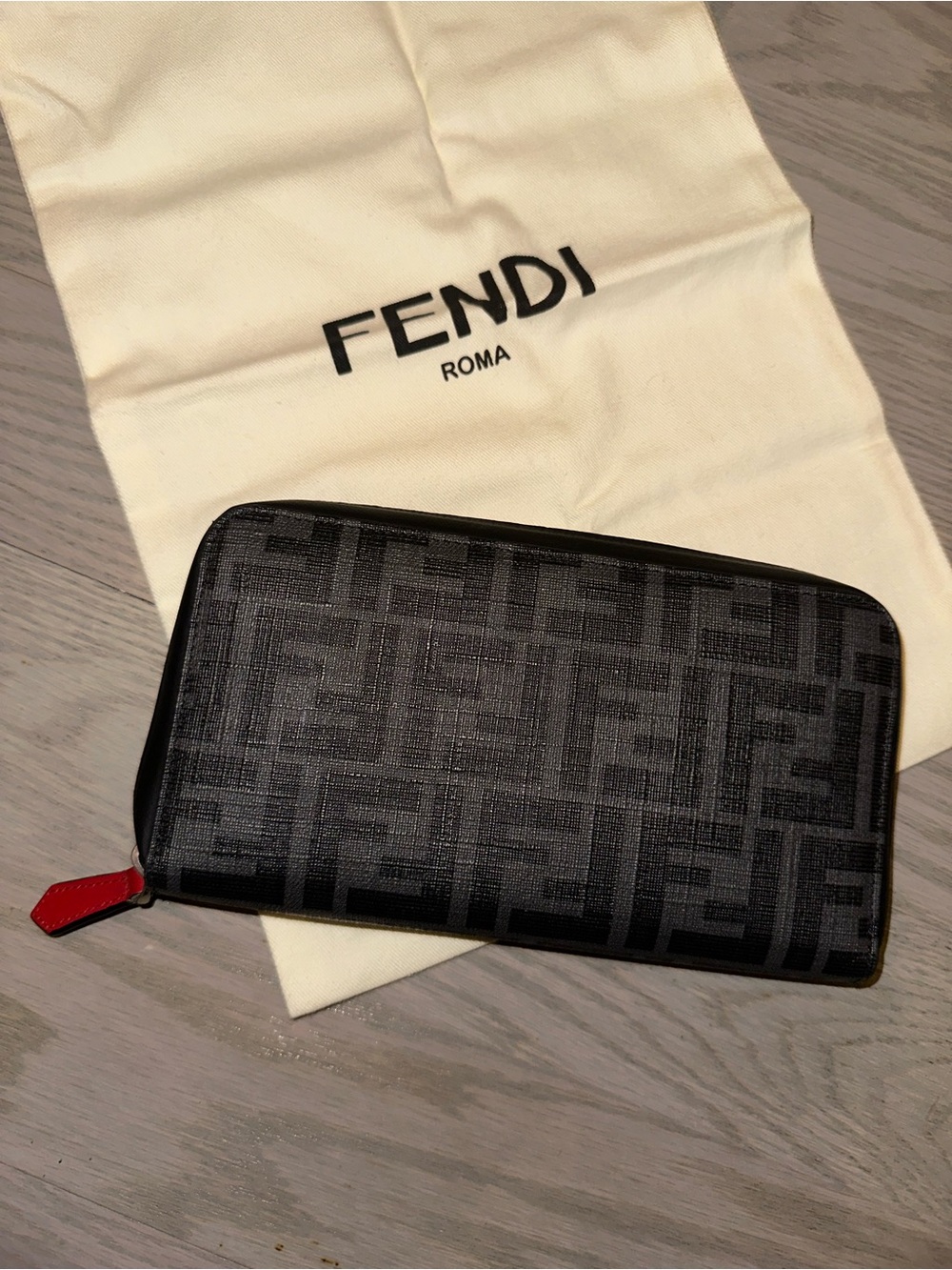 Fendi Black Zucca Canvas Zip Wallet with Red Logo Accent - Picture 4 of 7